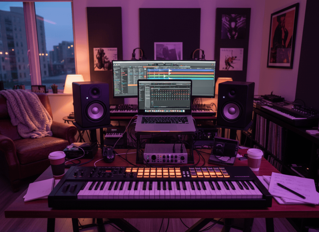 A moody, atmospheric music production studio setup with a professional MIDI keyboard, studio monitors, audio interface, and a laptop showing a digital audio workstation. Warm amber and purple studio lighting. Multiple screens with waveforms and mixing software visible. The space feels creative, personal, and technically sophisticated — bridging engineering and art.